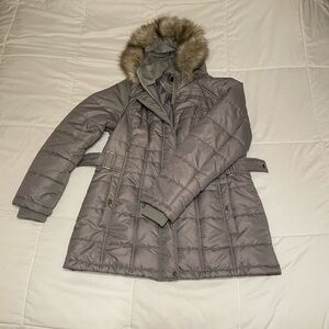 NEW Liz Claiborne Gray Puffer Jacket with Faux Fur Hood